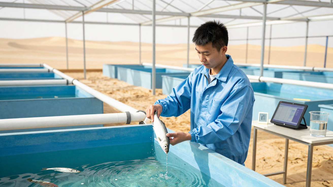 Homem em macacão azul a segurar peixe junto a tanques azuis numa instalação de aquacultura.