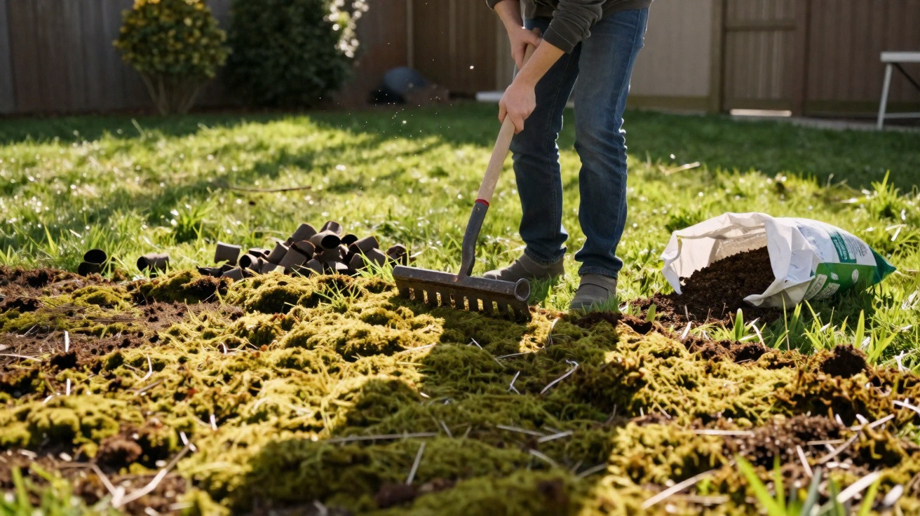 Pessoa a usar um ancinho para preparar o solo num jardim com terra e musgo, junto a um saco de terra.