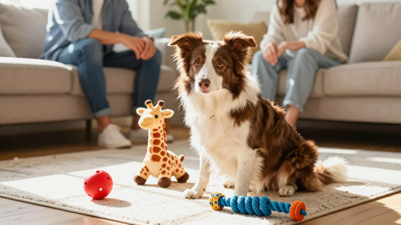 Cão castanho e branco sentado numa sala com brinquedos e duas pessoas ao fundo sentadas no sofá.