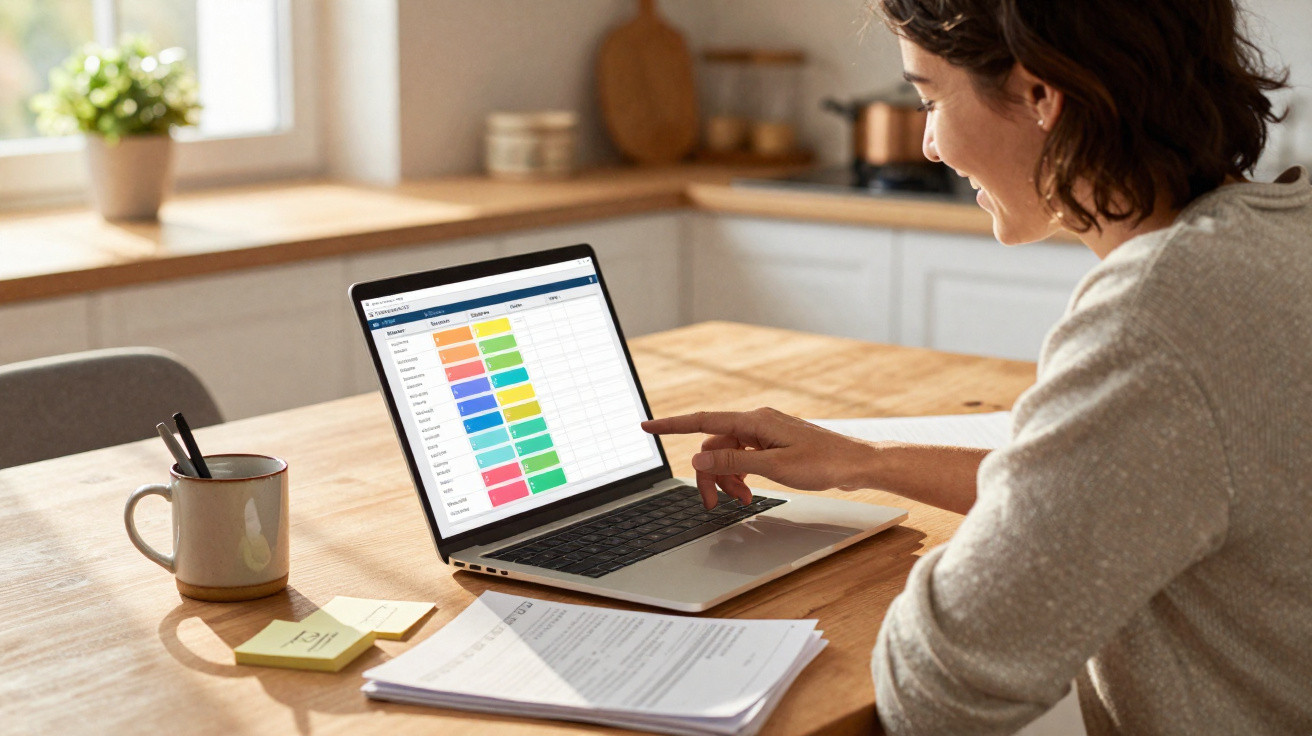 Mulher a trabalhar num portátil com um calendário colorido, numa cozinha iluminada e mesa com documentos e caneca.