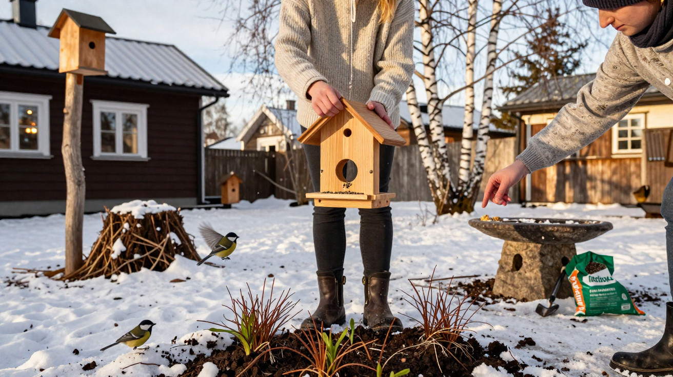 Duas pessoas a colocar uma casa para pássaros num jardim com neve, com pequenos pássaros e plantas à volta.