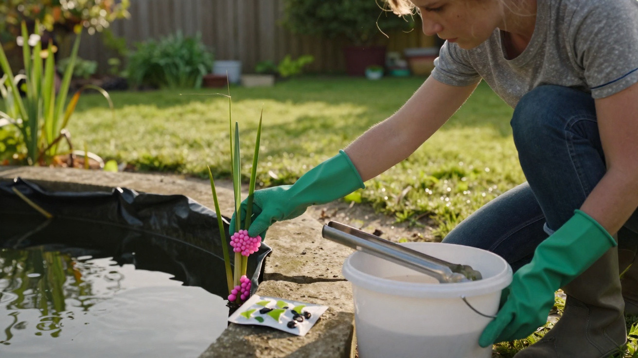 Pessoa a usar luvas verdes a limpar um lago artificial num jardim com uma rede e balde branco.