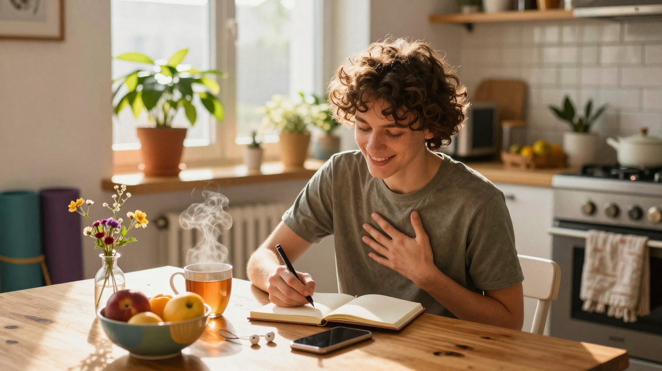 Jovem sentado numa cozinha iluminada a escrever num caderno com chá quente e frutas na mesa.