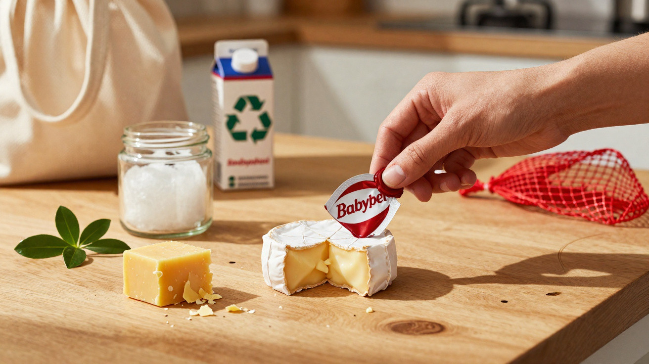 Mão a retirar embalagem de queijo Babybel redondo aberto em tábua de madeira na cozinha.