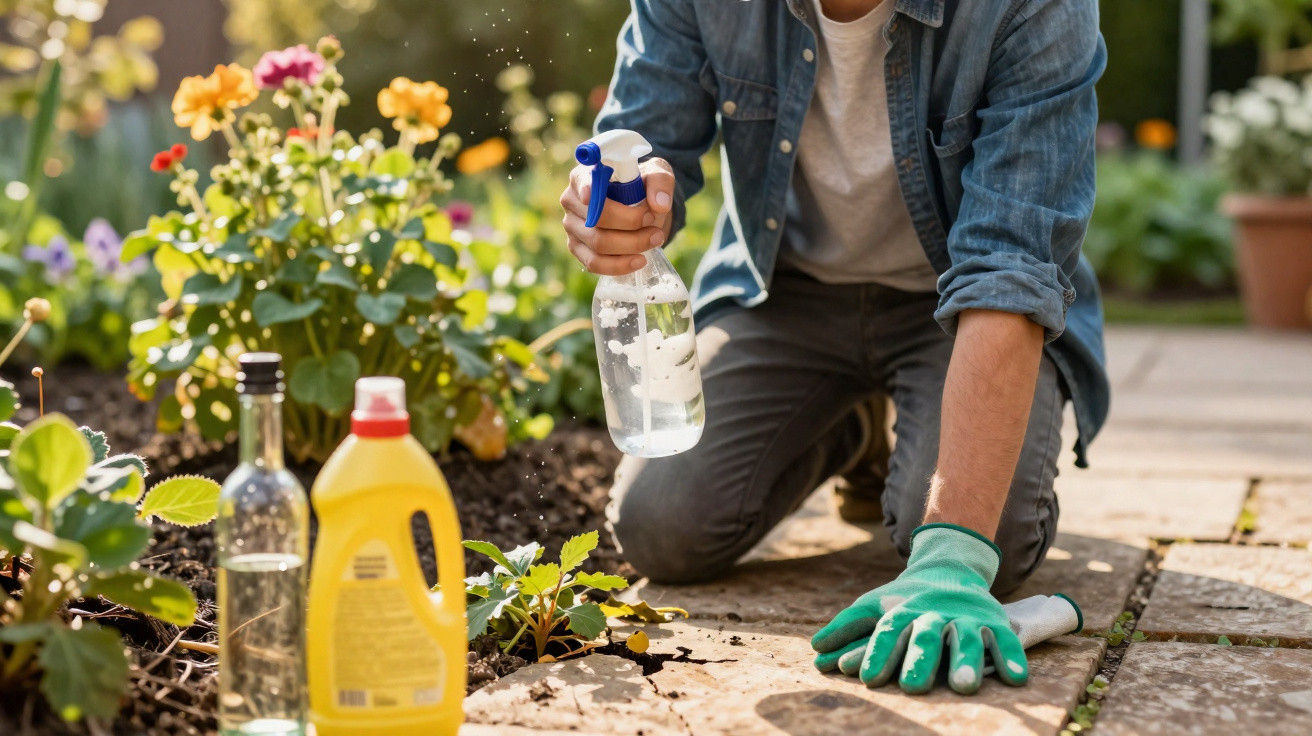 Pessoa a regar plantas com frasco pulverizador num jardim florido, usando luvas verdes.