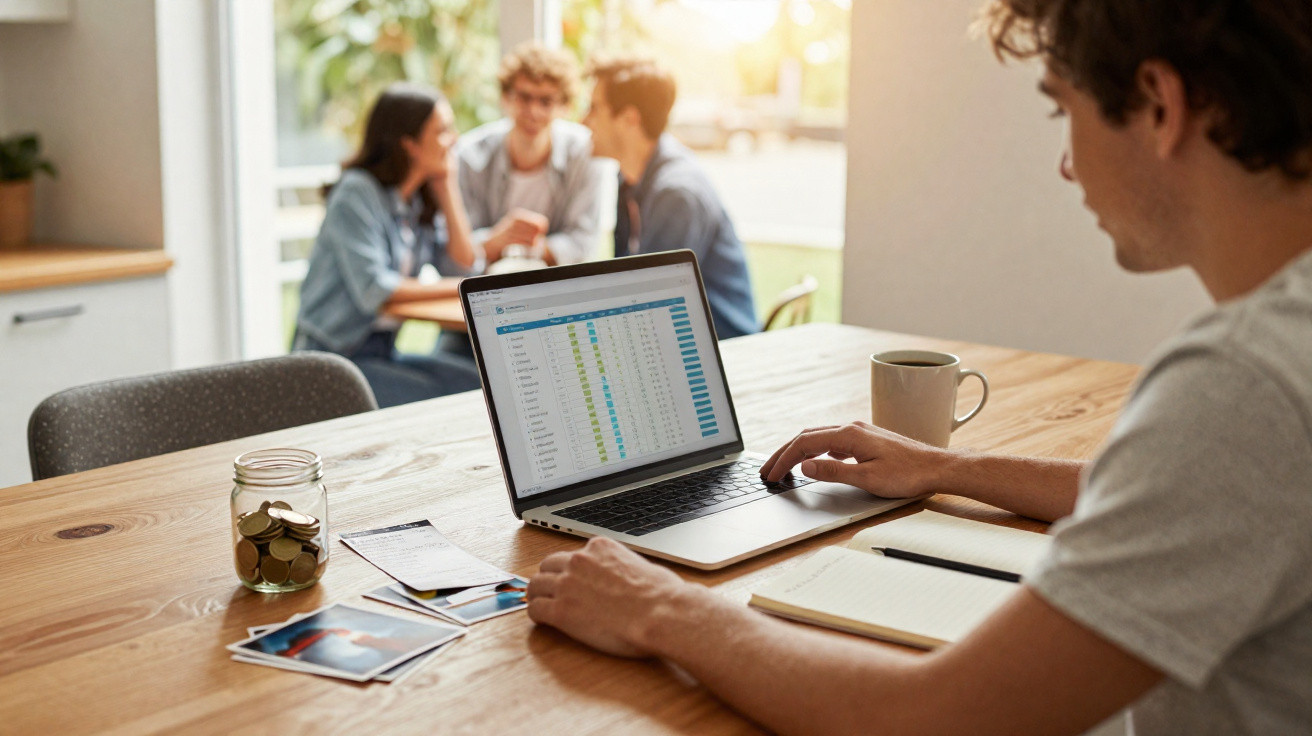 Pessoa a trabalhar num computador portátil com gráficos financeiros, com três pessoas a conversar ao fundo.
