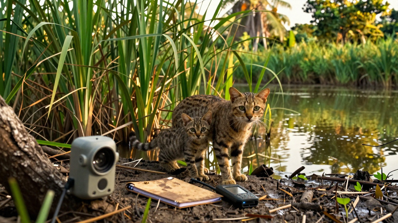 Gato adulto e gatinho junto a equipamento de monitorização perto de lago rodeado por plantas e árvores.