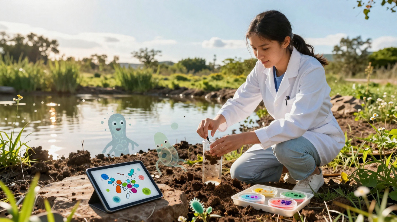 Jovem cientista coleta amostra de solo perto de lagoa com tablet e desenhos animados de microrganismos.