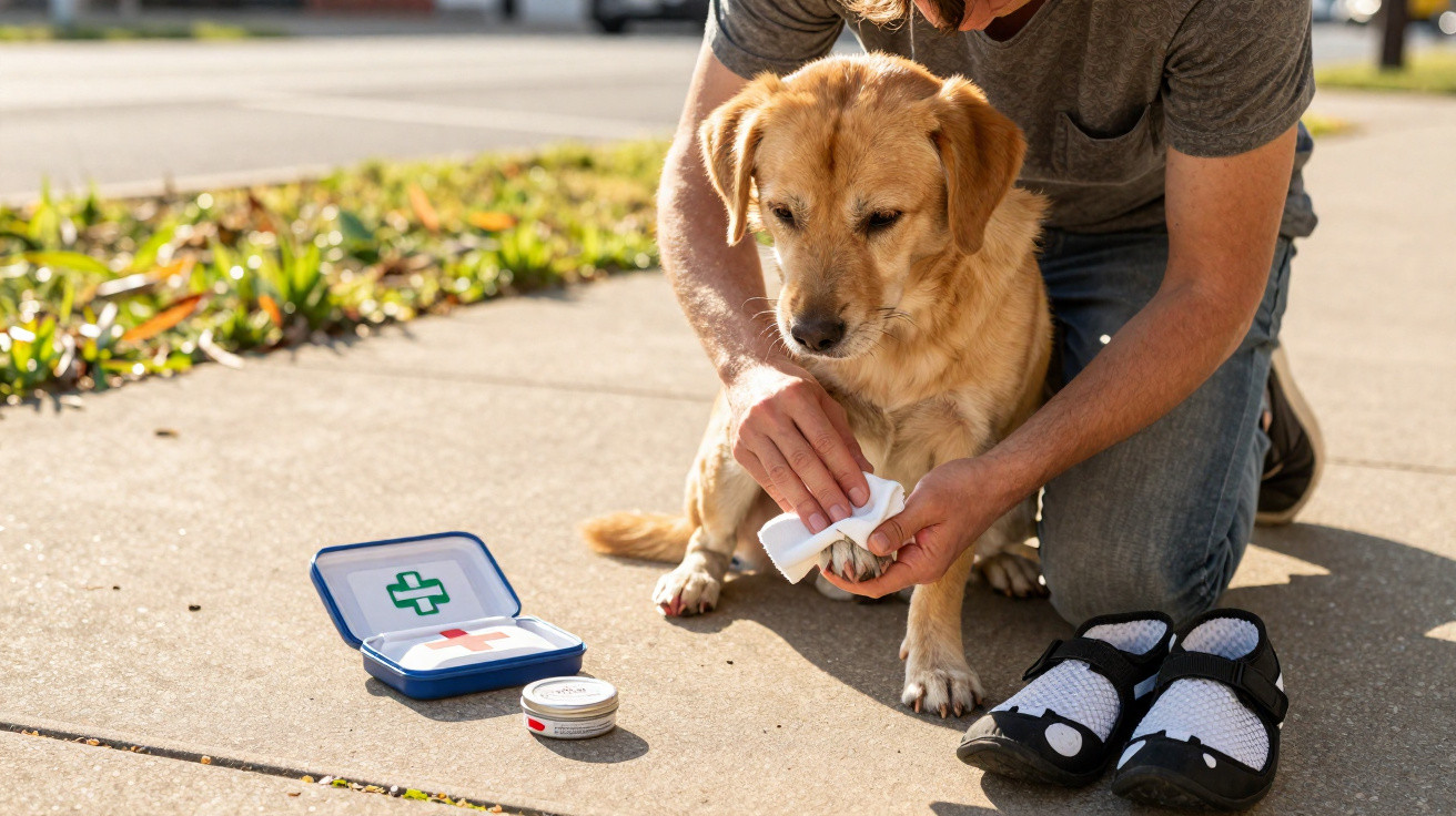Pessoa a limpar a pata de um cão castanho com um tecido branco ao ar livre, junto a um kit de primeiros socorros.