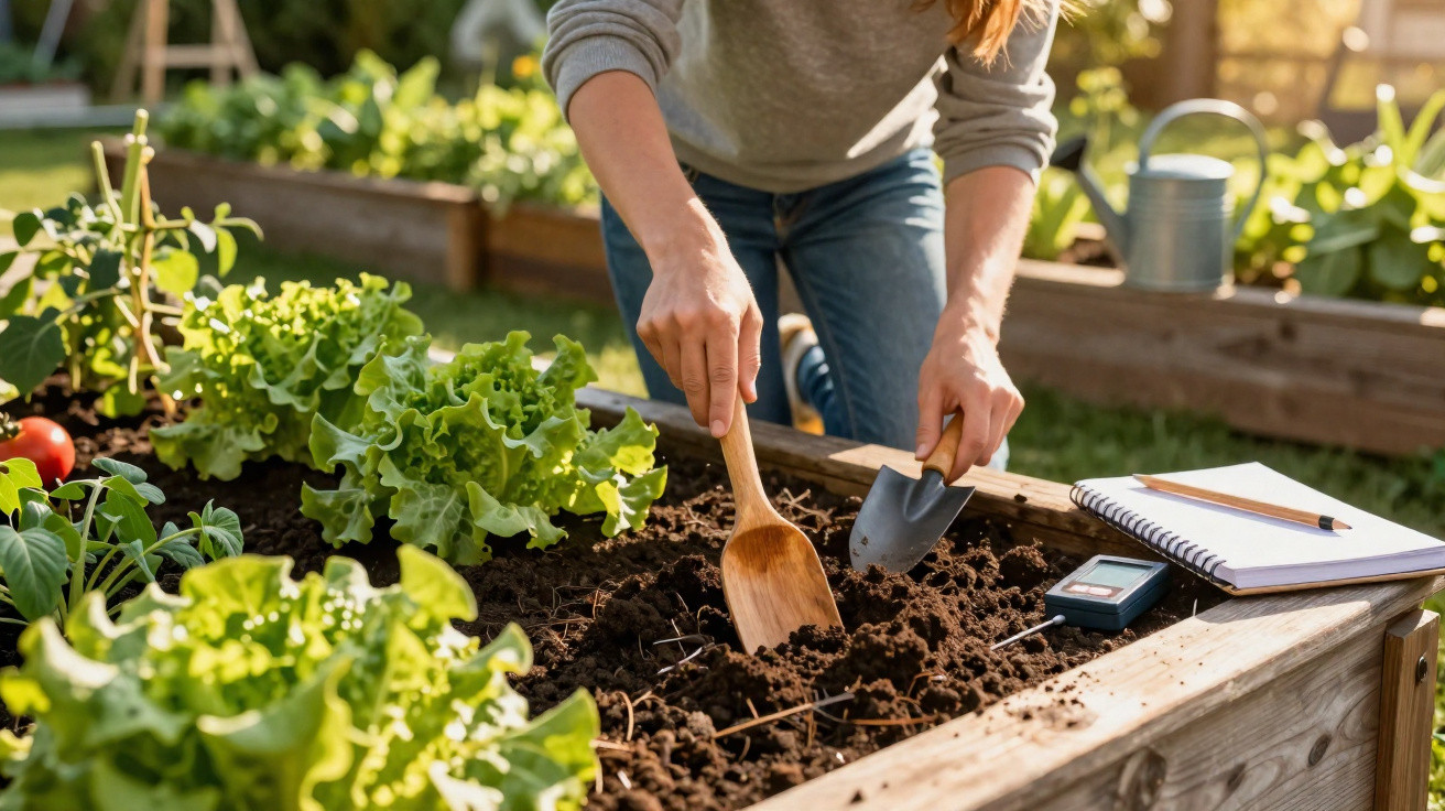 Pessoa a preparar a terra numa horta elevada com ferramentas de jardinagem e plantas de alface à volta.