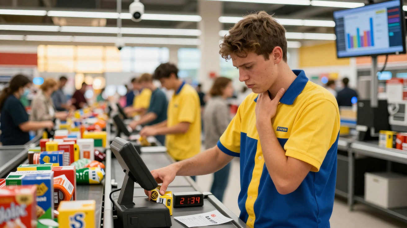 Funcionário jovem em uniforme a operar caixa num supermercado moderno e movimentado.