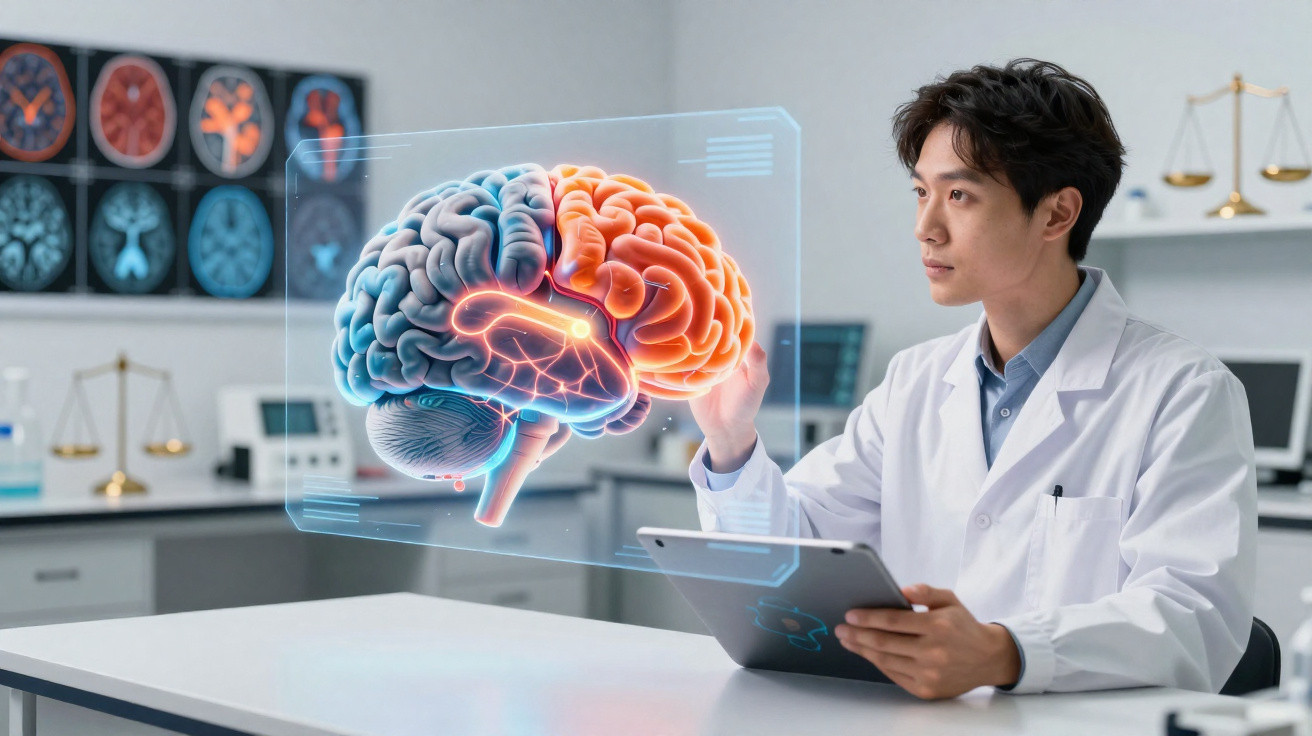 Cientista com bata branca analisa imagem digital holográfica colorida de cérebro humano num laboratório moderno.