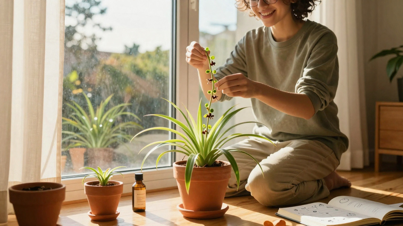 Pessoa sorridente a cuidar de planta em vaso perto de janela com luz natural dentro de casa.