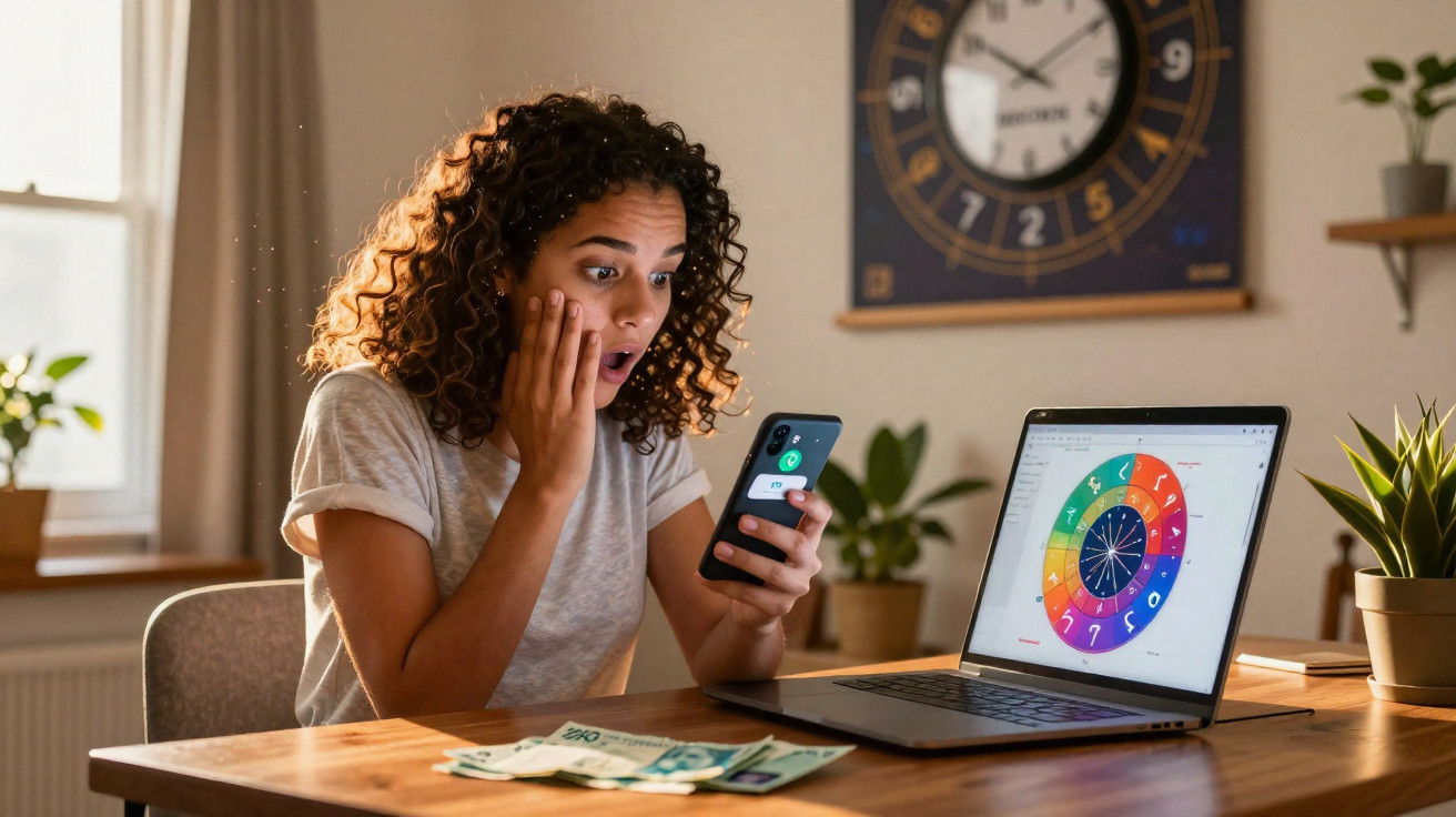 Mulher surpreendida olha para telemóvel sentada à mesa com computador e notas de euros diante dela.
