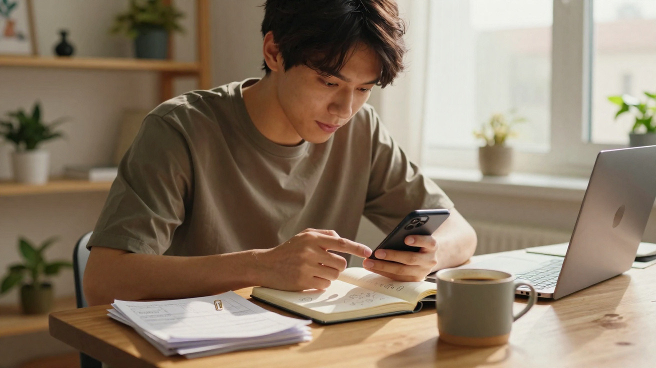 Jovem a estudar numa mesa com caderno, telemóvel, computador portátil e chávena de café.