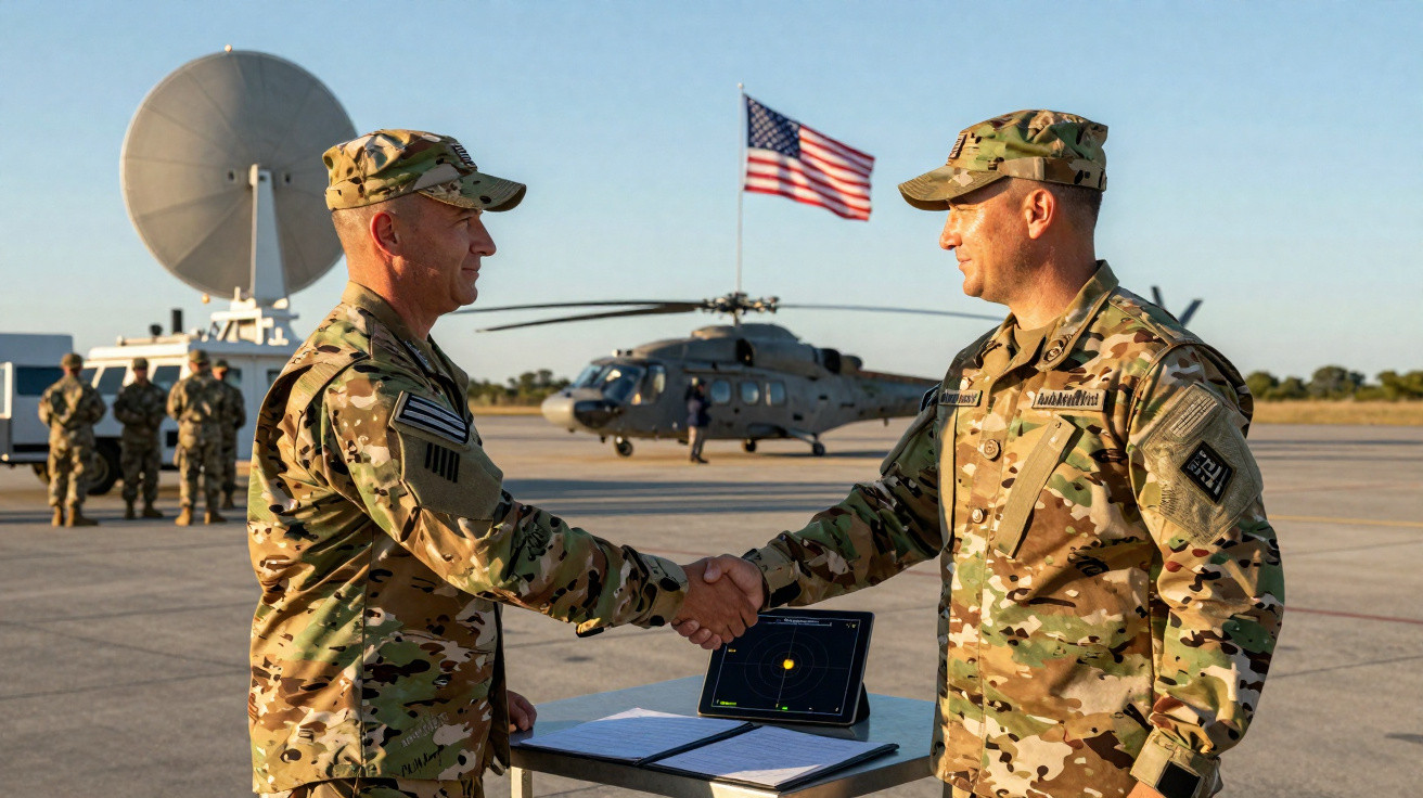 Dois soldados americanos apertam as mãos numa base aérea com helicóptero e bandeira dos Estados Unidos ao fundo.