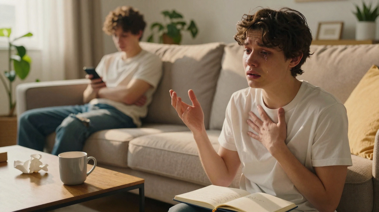 Jovem emocionalmente afetado conversa com outra pessoa sentada no sofá, que está distraída com o telemóvel.