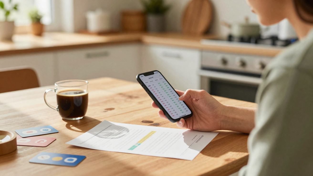 Pessoa a consultar dados financeiros no smartphone sentada à mesa com café, documentos e cartões coloridos.