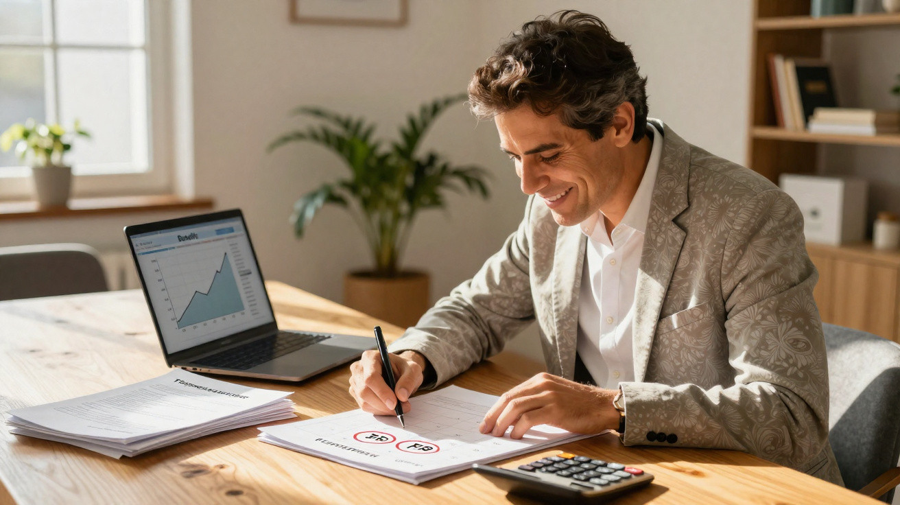 Homem sorridente a analisar gráficos e documentos financeiros num escritório moderno.