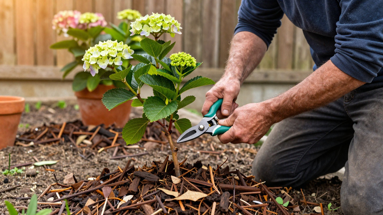 Pessoa a podar hortênsia verde com tesoura de poda num jardim com vasos e cerca de madeira.