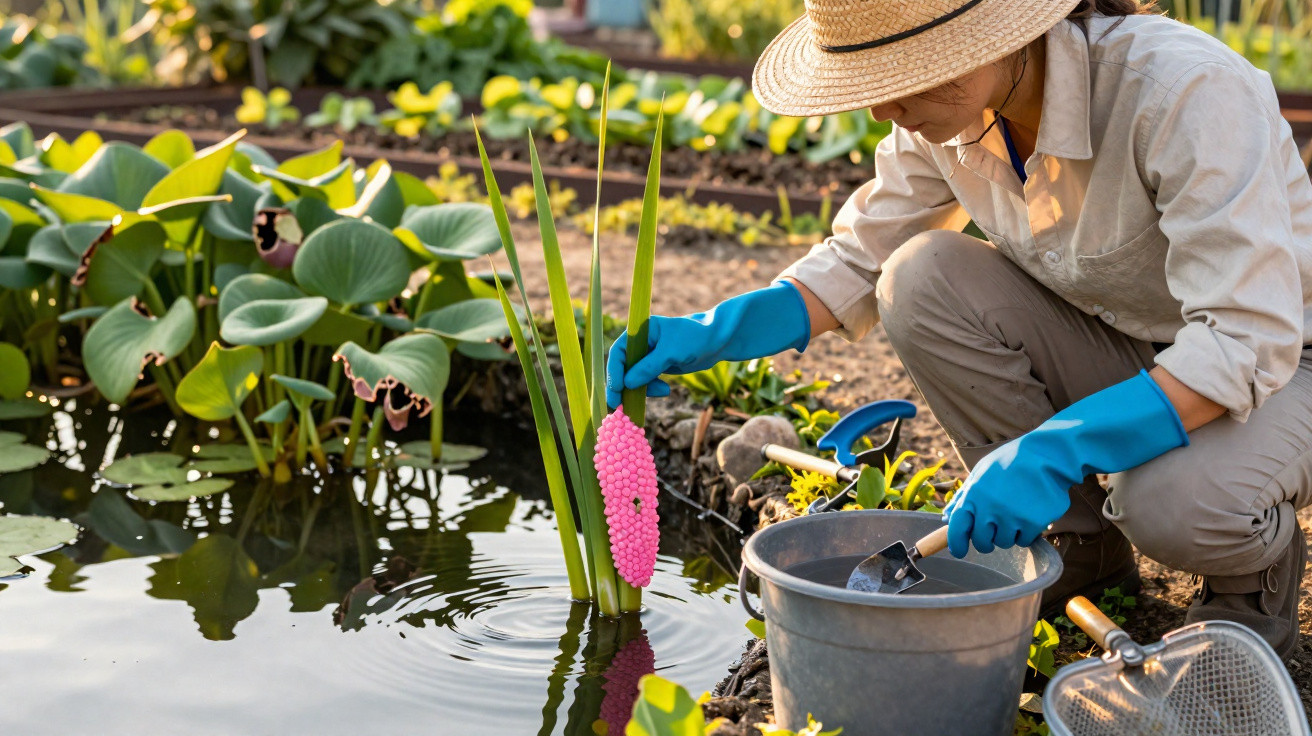 Pessoa com luvas azuis a remover ovos cor-de-rosa de caramujos da água de um lago artificial num jardim.