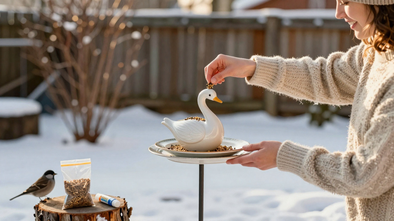 Pessoa a alimentar um pássaro num comedouro de pato cerâmico com neve no jardim.
