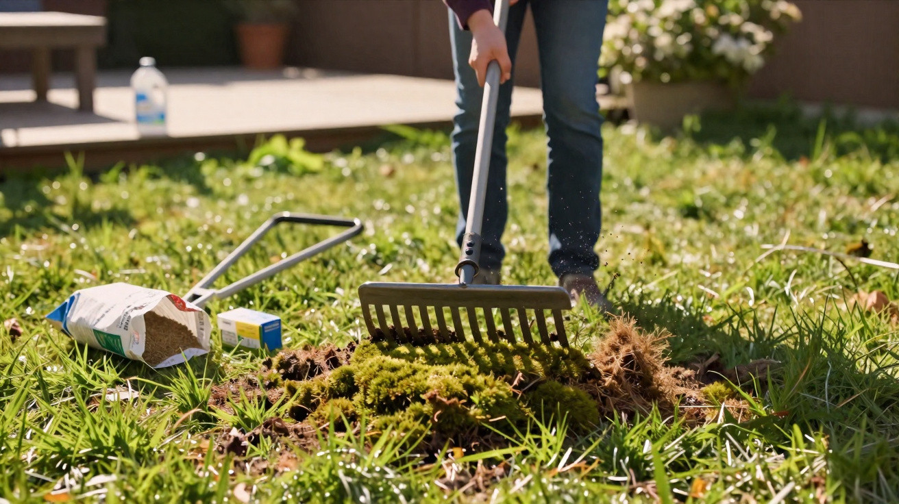 Pessoa a usar um ancinho para remover musgo de uma relva num jardim ao ar livre.