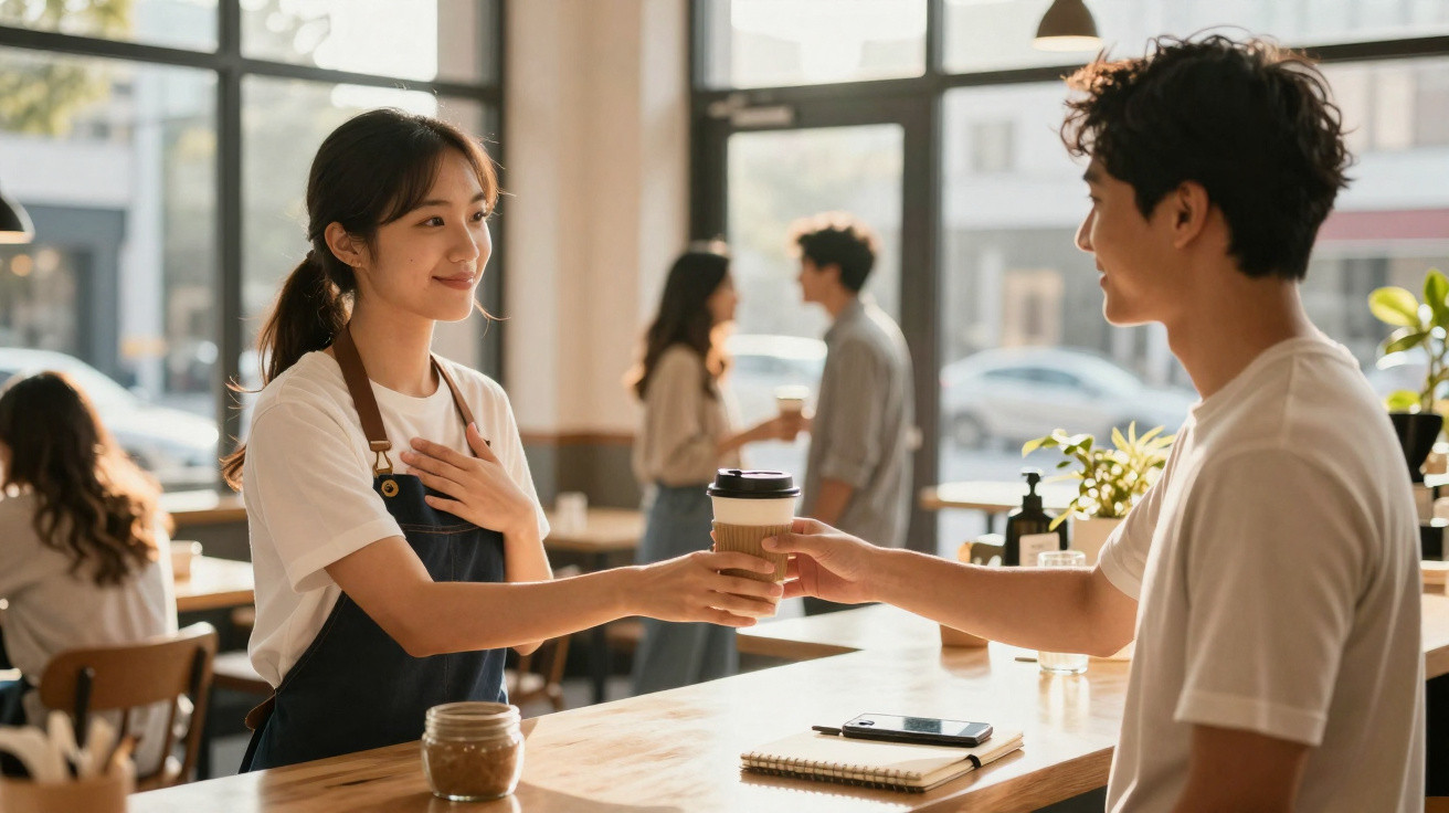 Funcionária de café serve bebida quente a cliente num ambiente claro e moderno.