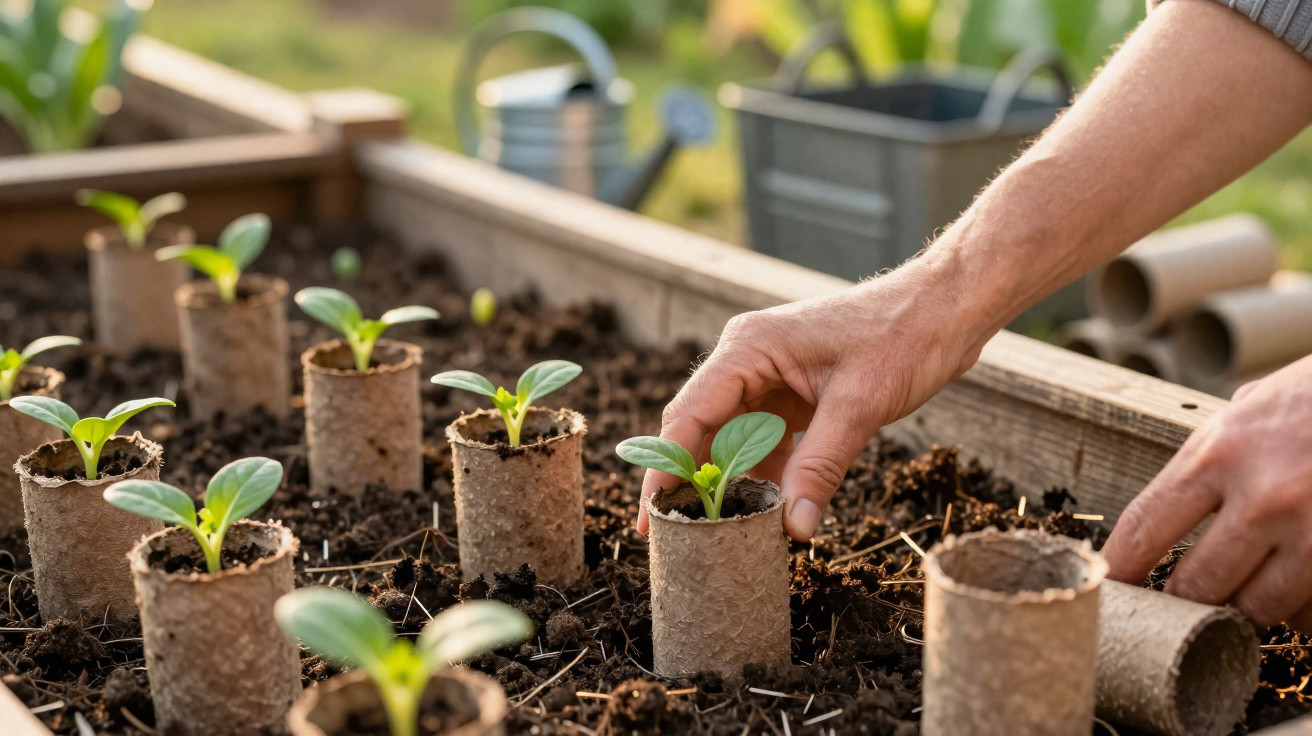Mãos a transplantar pequenas plantas verdes em vasos biodegradáveis numa horta elevada com terra fértil.