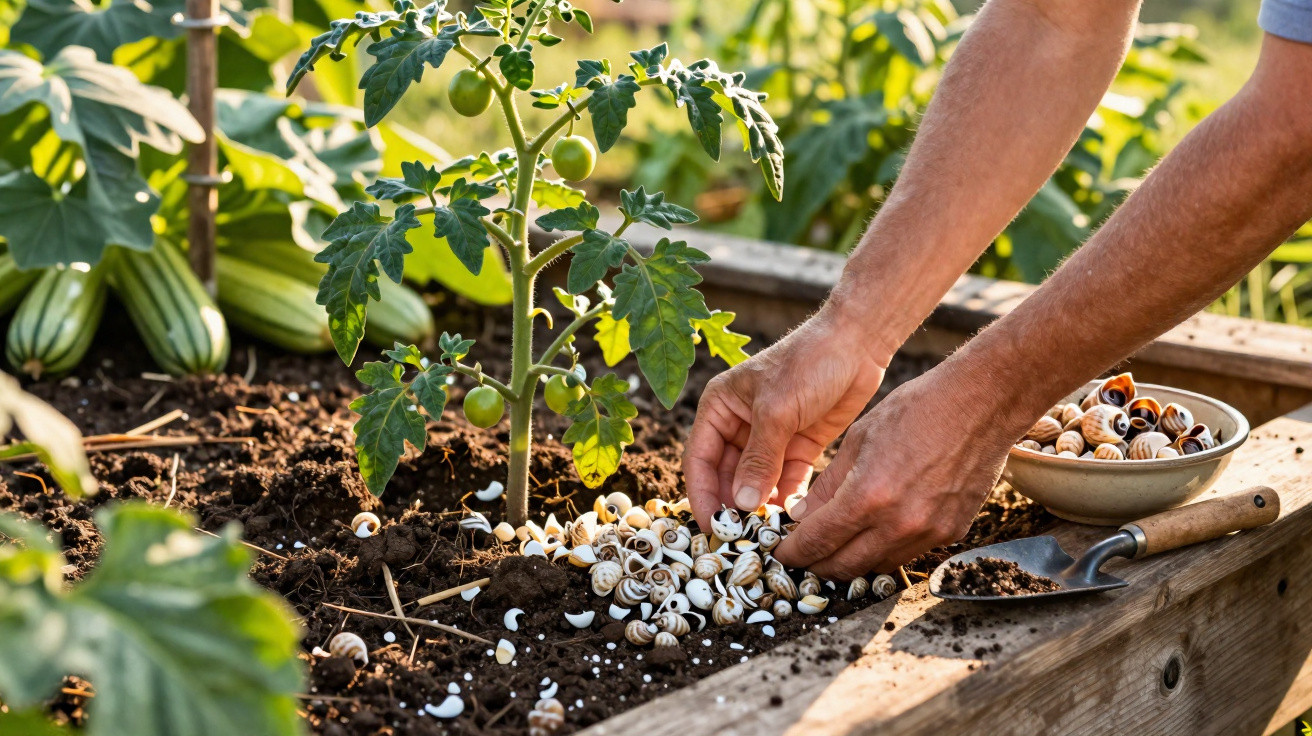 Mãos a distribuir caracois e terra à volta de uma planta de tomate num canteiro elevado de jardim.