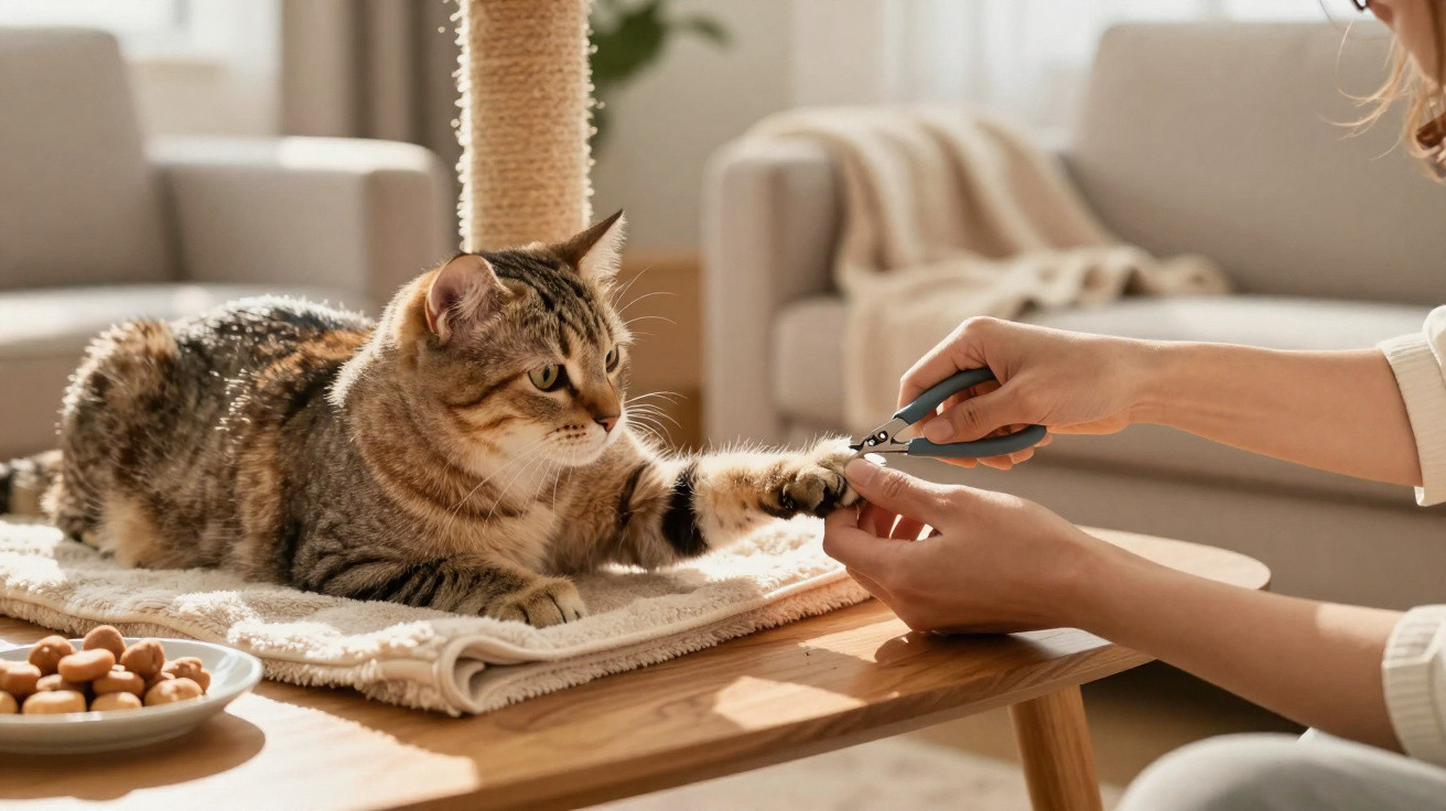 Pessoa a cortar as unhas de um gato castanho deitado numa manta sobre uma mesa de madeira.