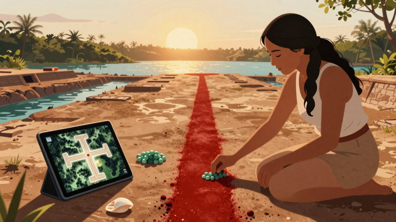Mulher sentada no chão a jogar jogo de tabuleiro ao ar livre ao pôr do sol junto a um rio.