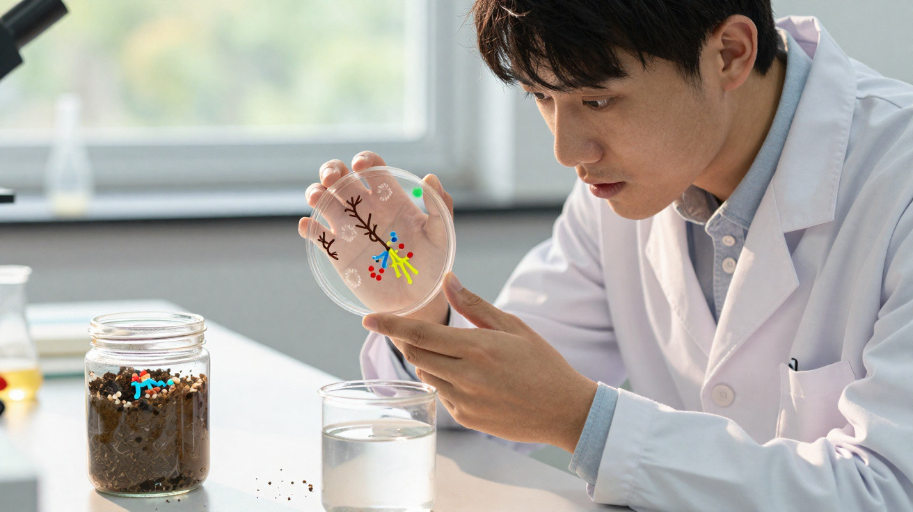 Cientista a examinar placa de Petri com culturas coloridas numa bancada de laboratório.