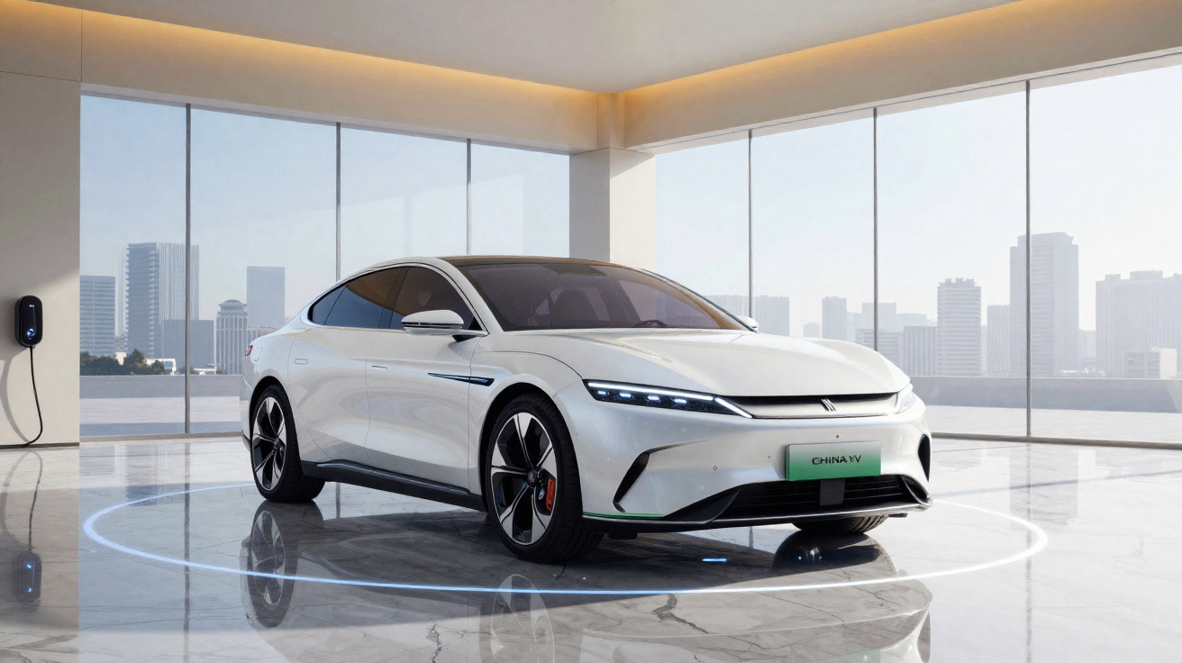 Carro elétrico branco moderno estacionado em sala com janelas grandes e vista para cidade.