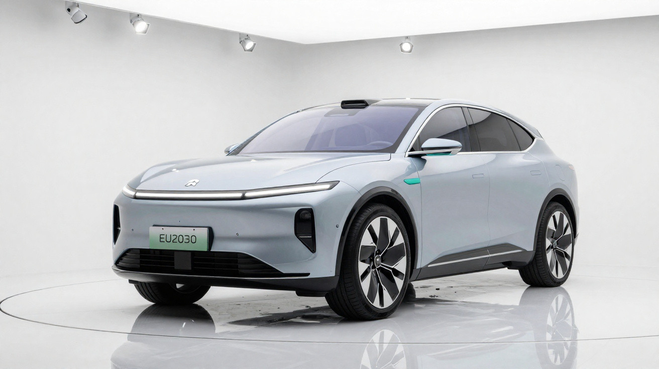 Carro elétrico cinza futurista estacionado em estúdio branco com iluminação focada no teto.
