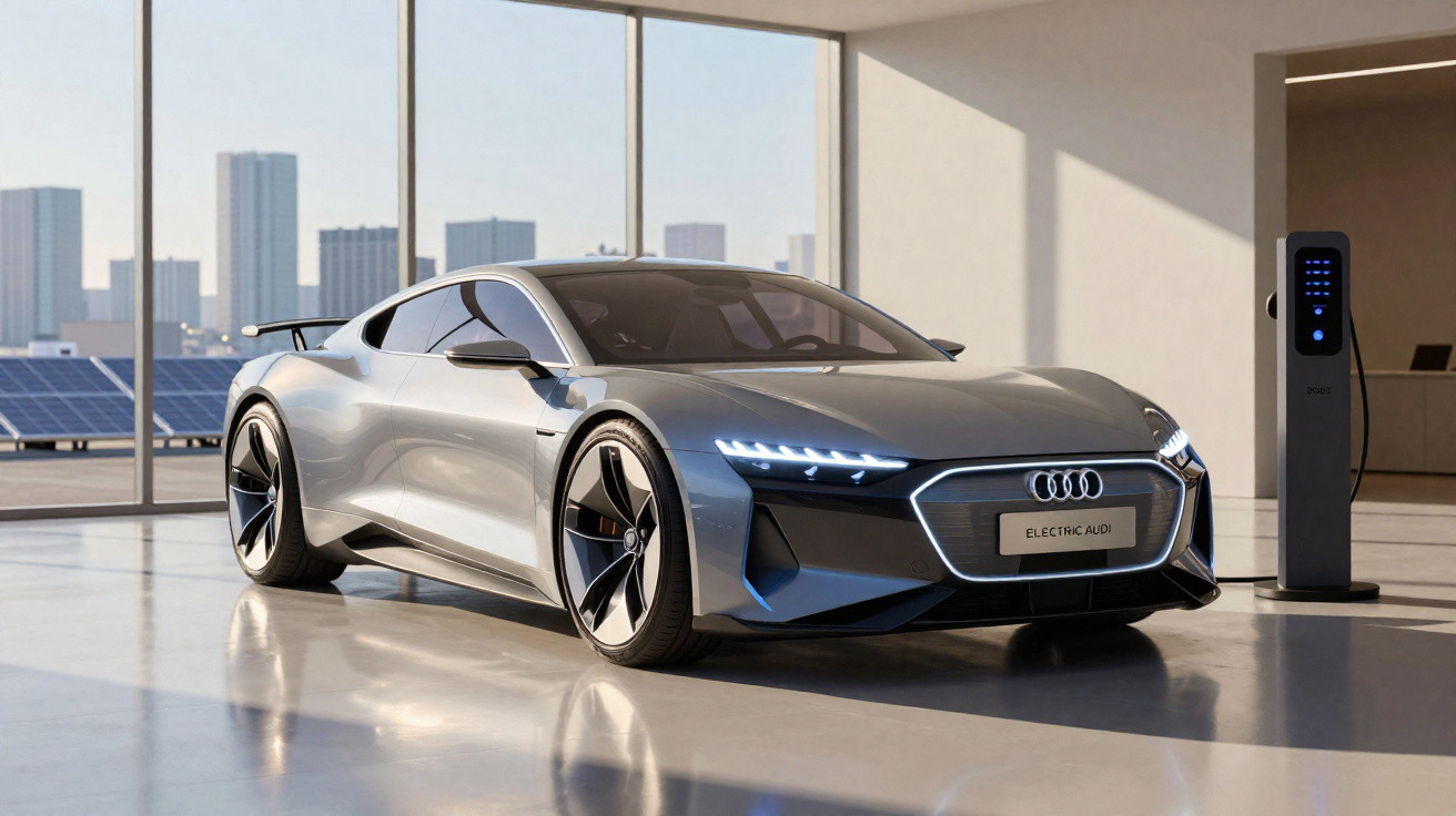 Carro desportivo elétrico Audi parado numa garagem com paredes de vidro, ligado a estação de carregamento.