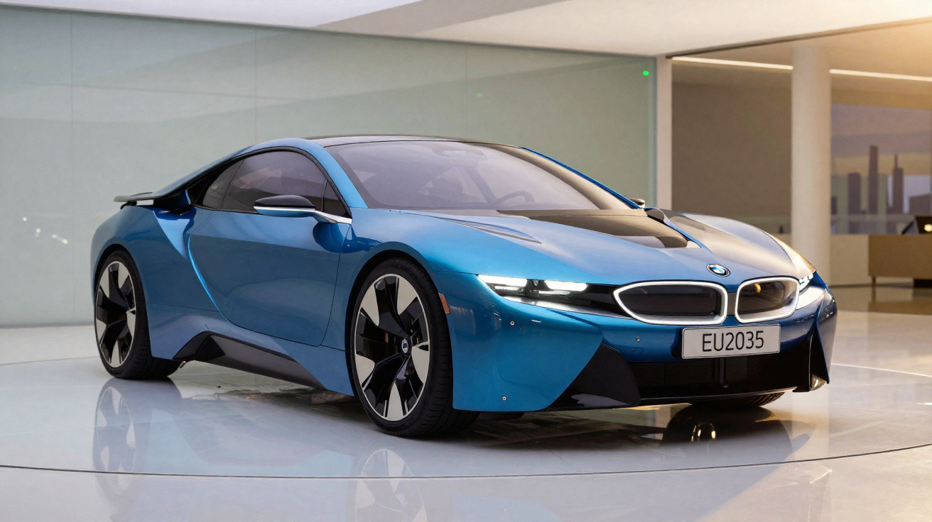 Carro desportivo elétrico BMW azul estacionado em ambiente interior moderno e minimalista.