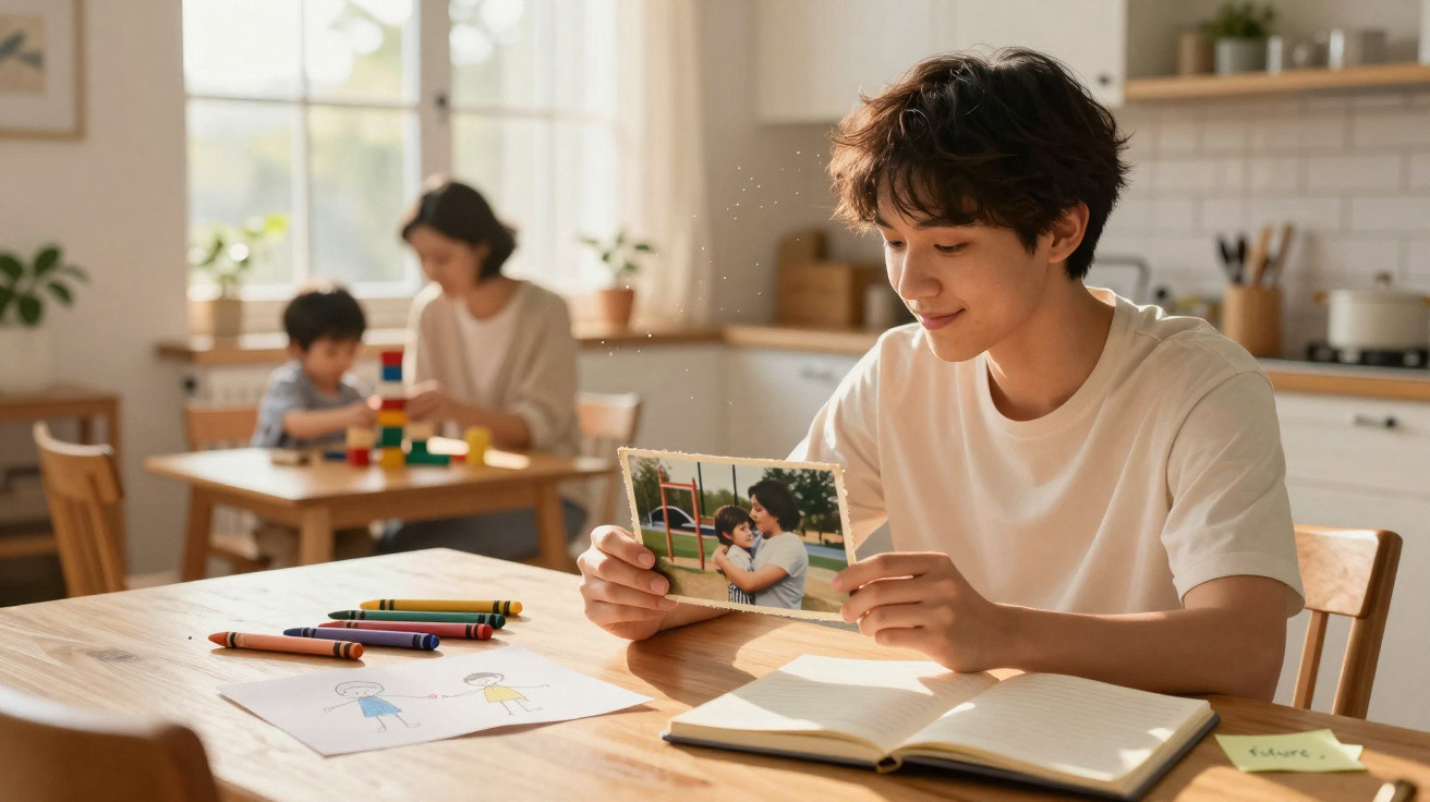 Jovem sentado a olhar uma fotografia na mesa com desenhos e lápis, ao fundo mãe e filho a brincar.