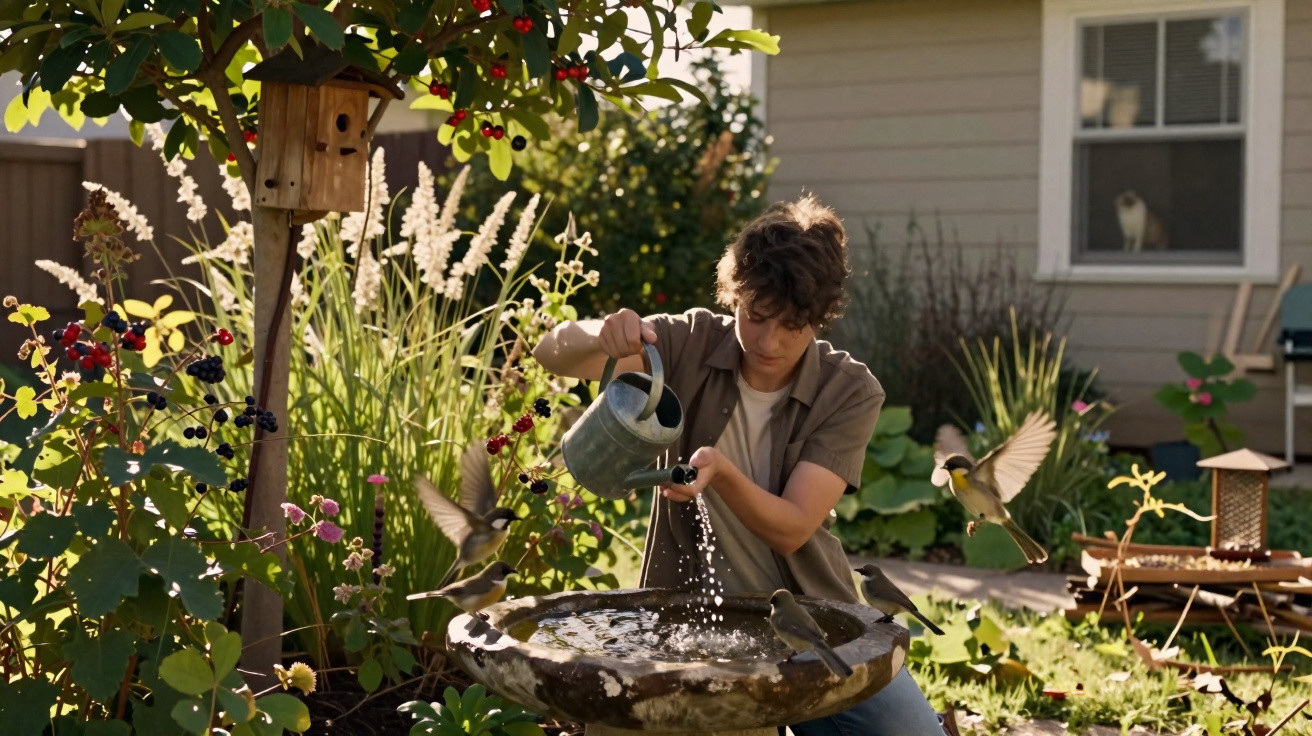 Jovem regando um bebedouro de pássaros num jardim cheio de plantas e aves em voo.