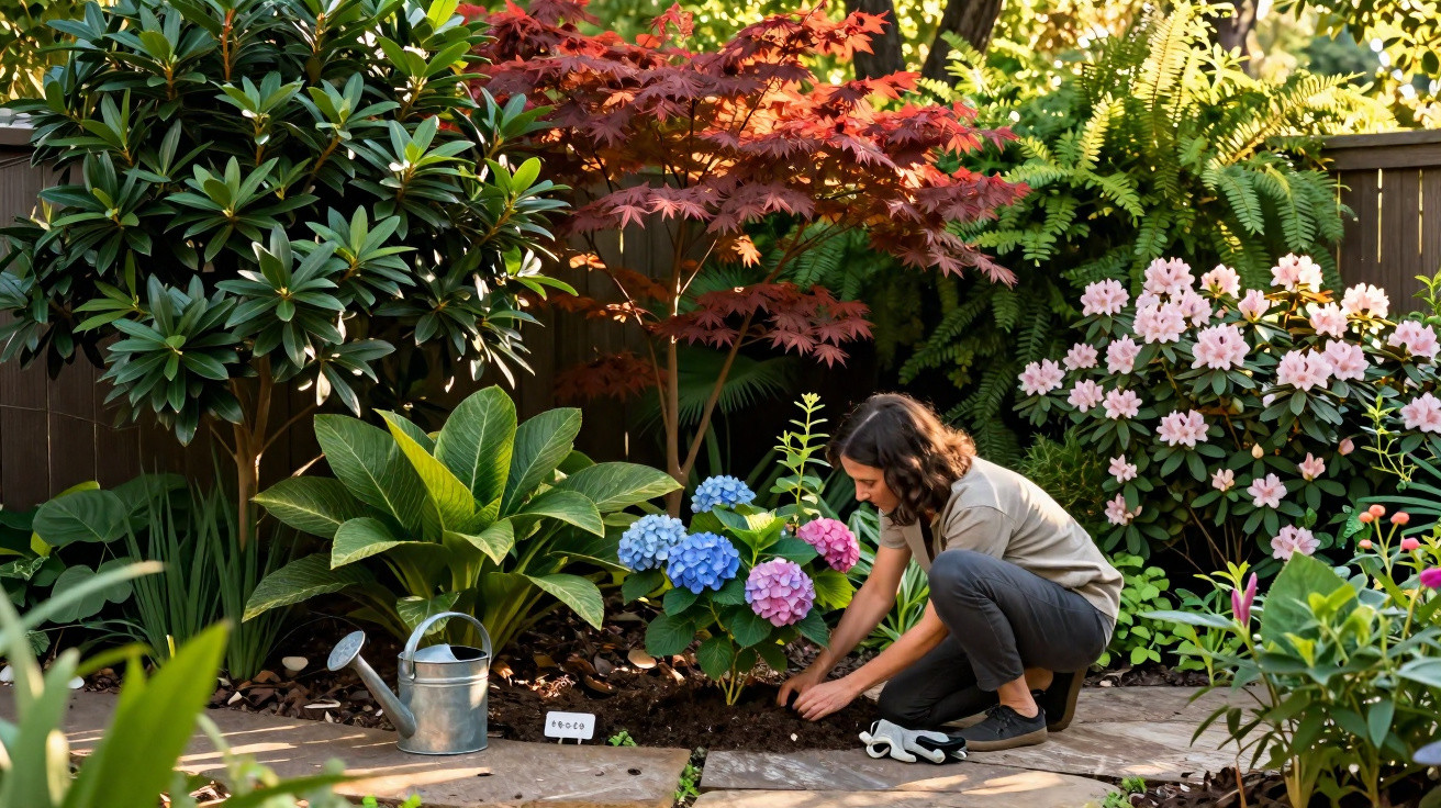Mulher a cuidar de plantas e flores num jardim com diversas espécies e regador ao lado.