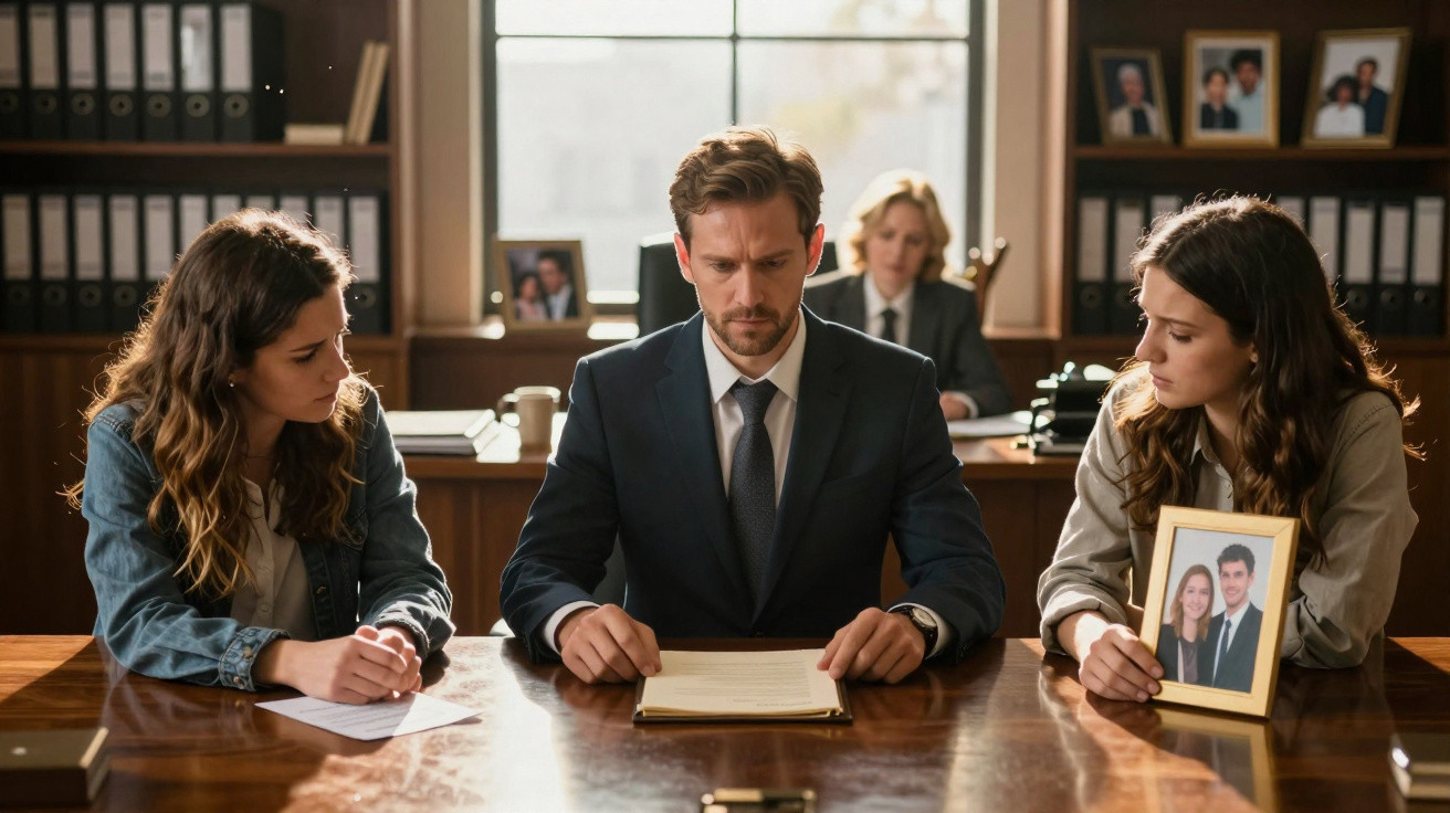 Três pessoas sentadas à mesa numa reunião séria, uma a segurara uma moldura com uma foto de casal.