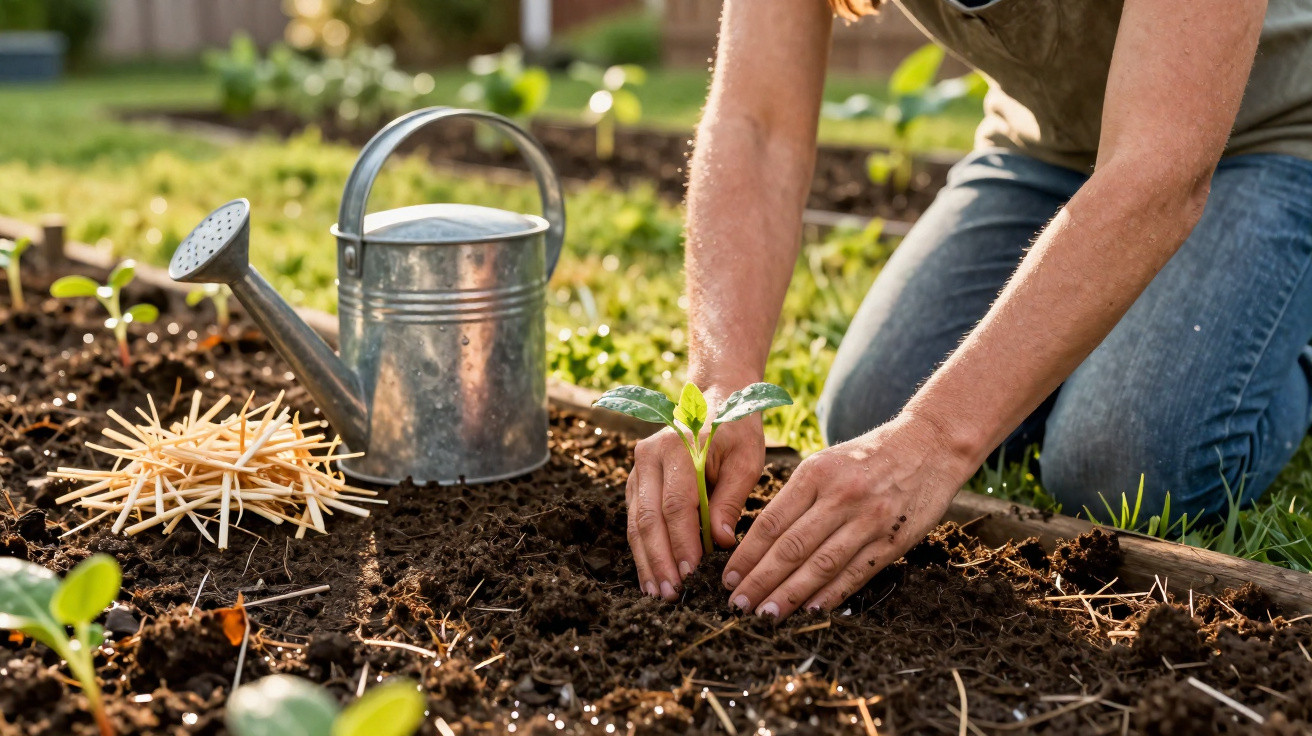 Pessoa a plantar uma muda na terra de um jardim, com regador e palitos ao lado.