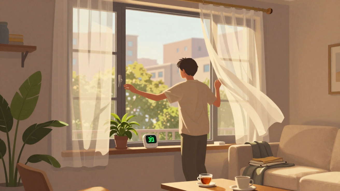 Jovem abre janela da sala iluminada pelo sol com cortinas esvoaçantes e plantas na varanda.