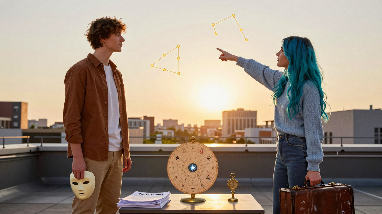 Dois jovens numa varanda ao pôr do sol, com mapas astrais e constelações iluminadas no céu.