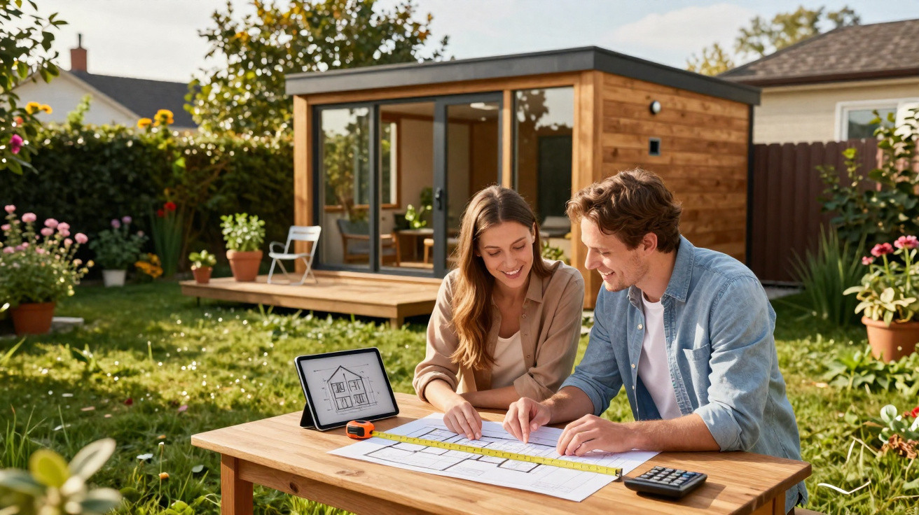 Casal a planejar construção com plantas e tablet num jardim, em frente a uma casa de madeira moderna.