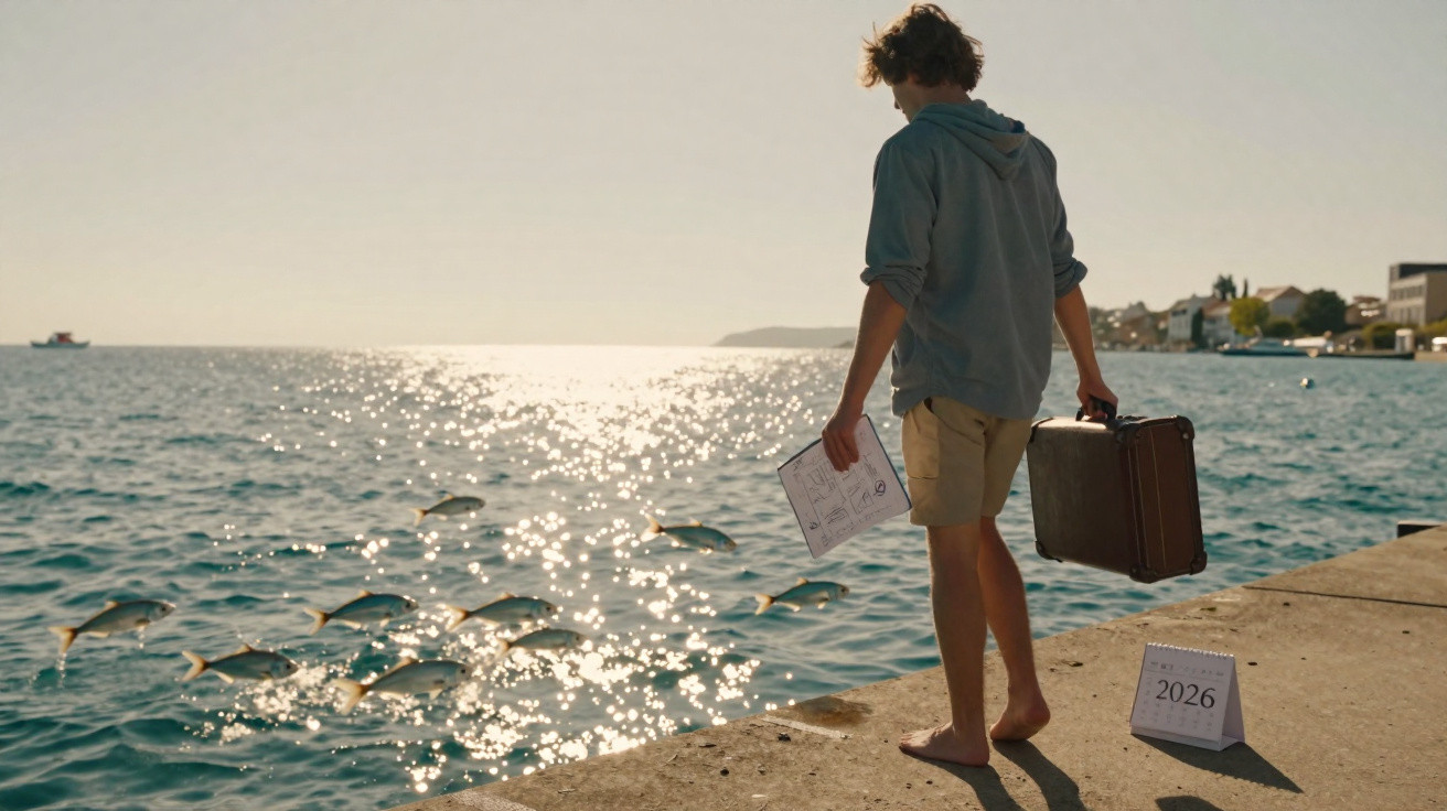 Jovem de pé num cais com mala, segurando papel, a olhar para peixes saltando no mar ao pôr do sol.