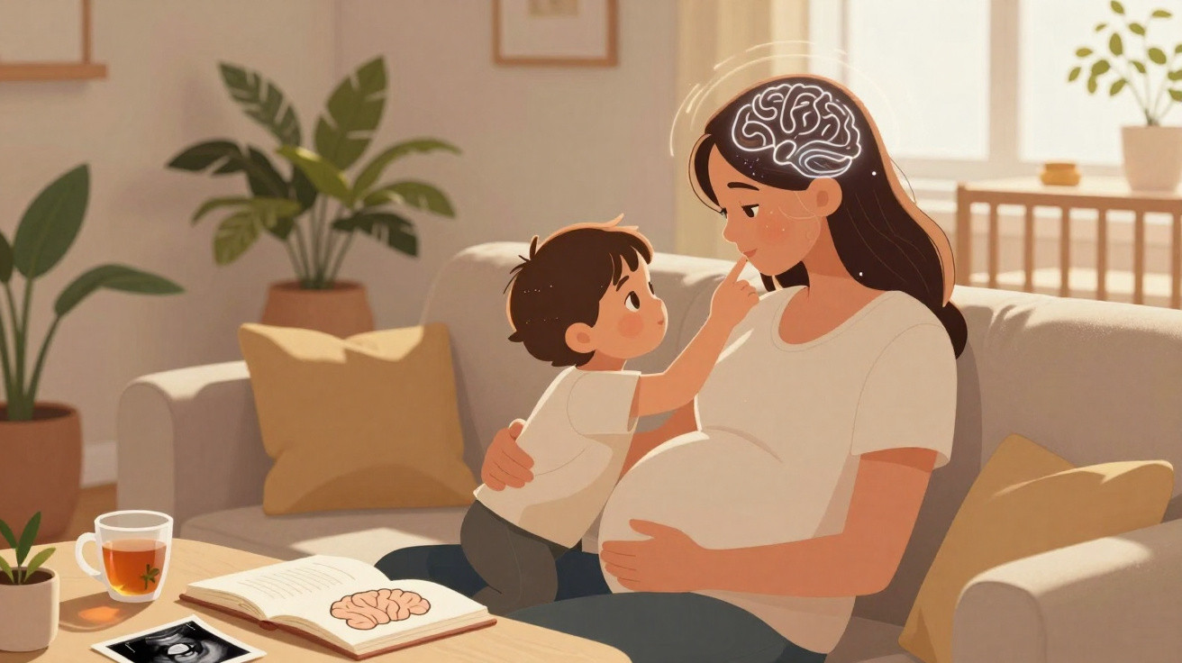 Criança a tocar o rosto da mãe grávida num sofá, com ilustração de cérebro sobre a cabeça dela.