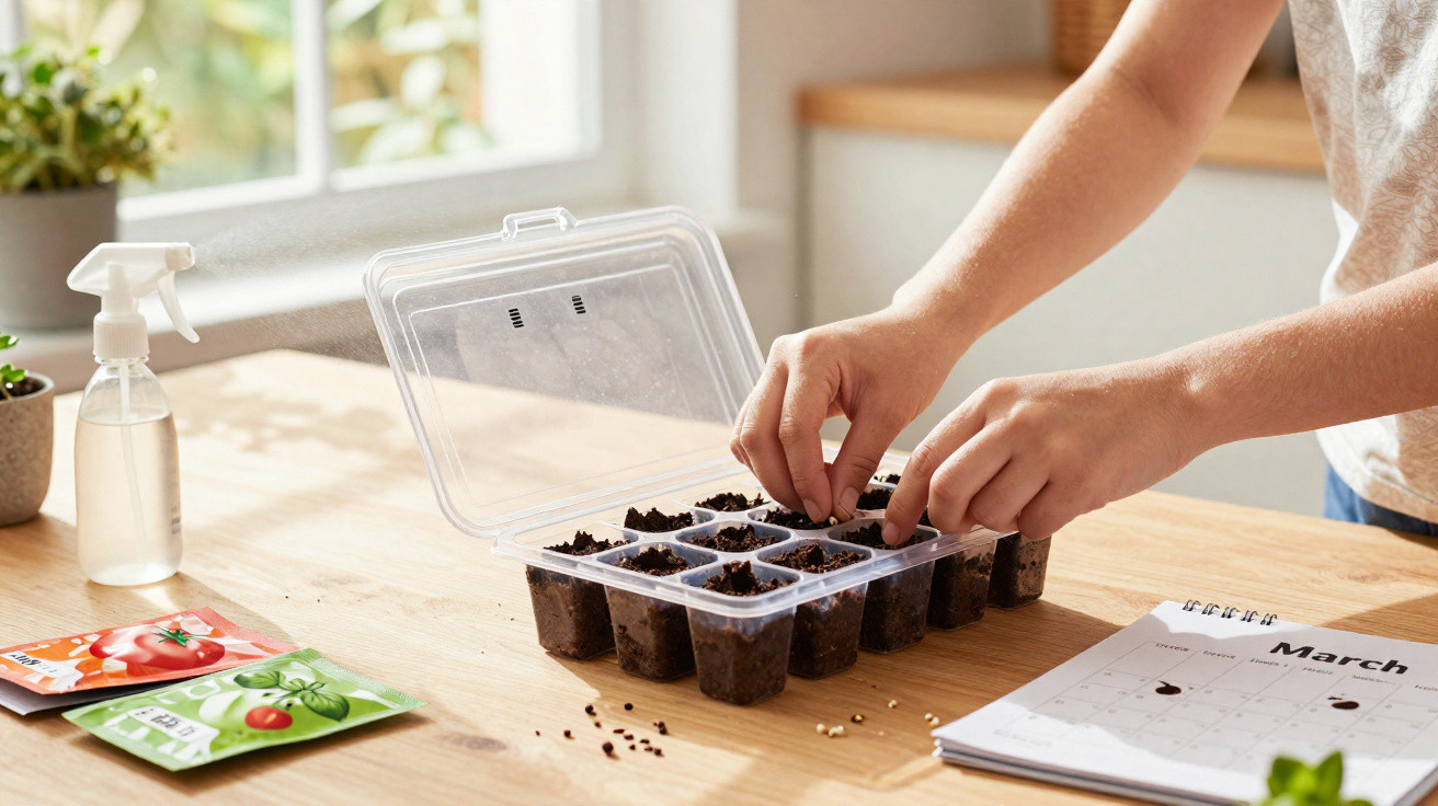 Mãos a plantar sementes em tabuleiro de germinação numa mesa com calendário e pacotes de sementes.