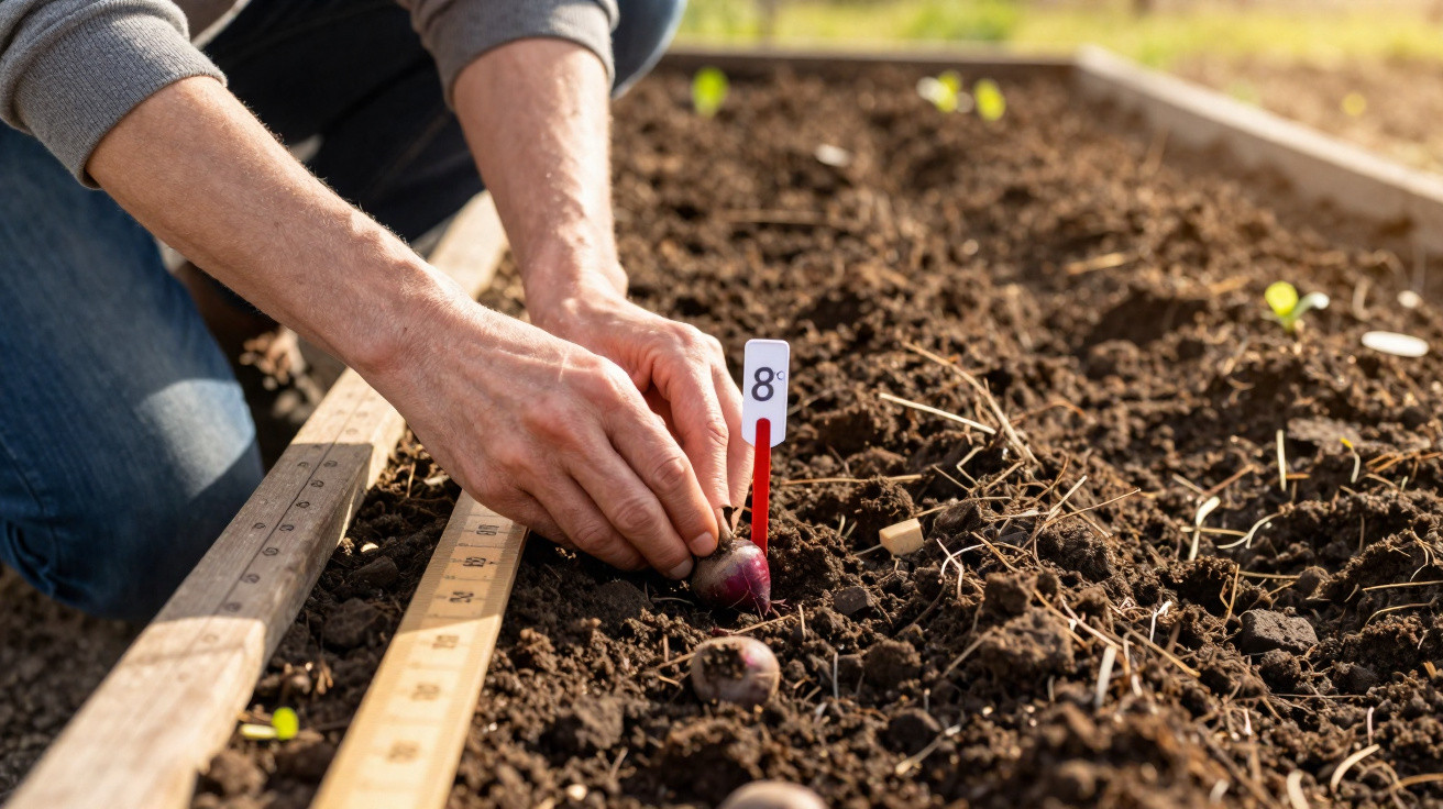 Mãos a plantar cebolas roxas num canteiro de terra com uma régua para medir espaços.