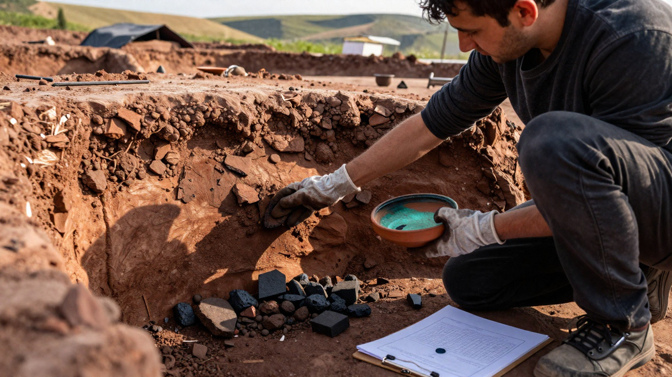 Arqueólogo a escavar e examinar artefactos de barro em sítio arqueológico ao ar livre.